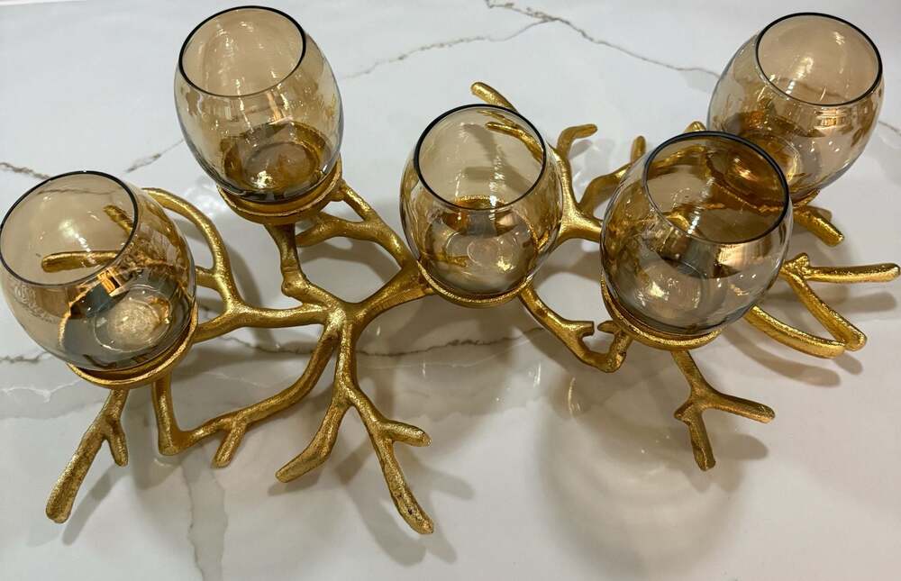 Gold Branch-Style Tabletop Tealight Candle Holder with 5 Amber Glass Votives
